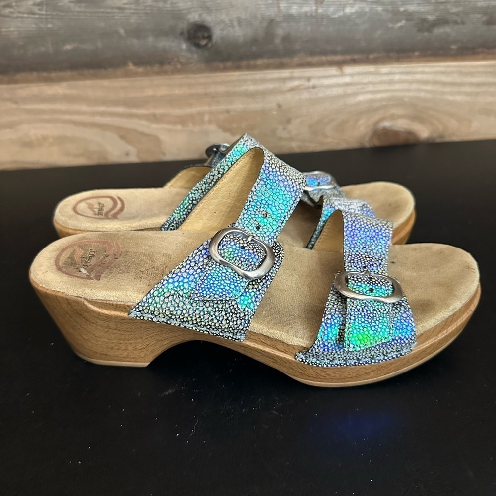 Dankso Shoes Womens 8.5 EU‎ 39 Iridescent Blue Leather Double Strap Clog Sandals - Picture 5 of 12